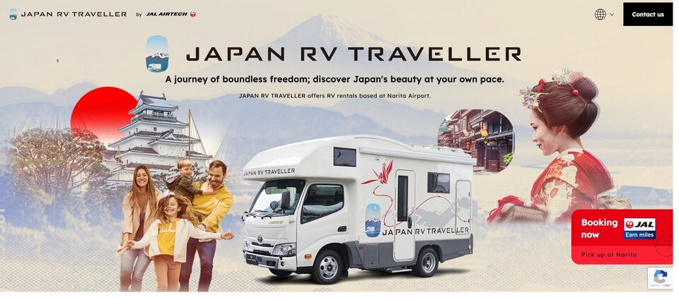 Infographic announcing JAPAN RV TRAVELLER, a JAL Airtech and Japan Airlines campervan rental service launching at Narita Airport in April 2026, with JAL Miles earning, 24-vehicle fleet, free airport shuttle, and 24/7 English support.