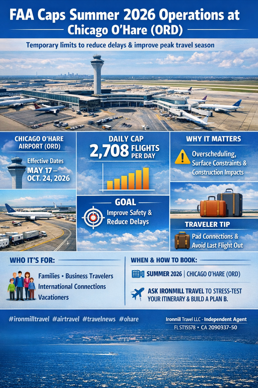 Infographic showing an FAA temporary cap on daily flight operations at Chicago O’Hare (ORD) for Summer 2026, including dates May 17 to Oct. 24, 2026, a daily limit of 2,708 operations, and a traveler tip to pad connections.