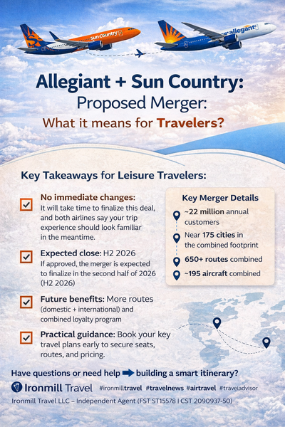 Graphic summarizing the proposed Allegiant + Sun Country merger for leisure travelers, highlighting “no immediate changes” and an expected close in the second half of 2026, with key network scale metrics and Ironmill Travel branding.