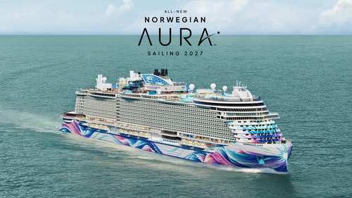 Graphic announcing Norwegian Aura by Norwegian Cruise Line, highlighting first sailings in May 2027, Miami homeport beginning June 2027, and key onboard family-friendly features like Ocean Heights and expanded pool spaces.