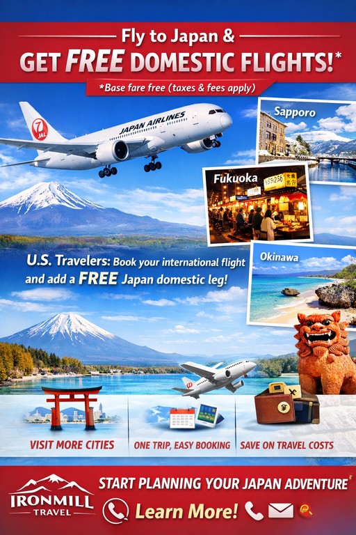 Eligible travelers may be able to add domestic Japan flights with the base fare covered, paying only applicable taxes and fees. When planned correctly, this allows travelers to move efficiently between regions without backtracking—saving time and improving overall trip flow.