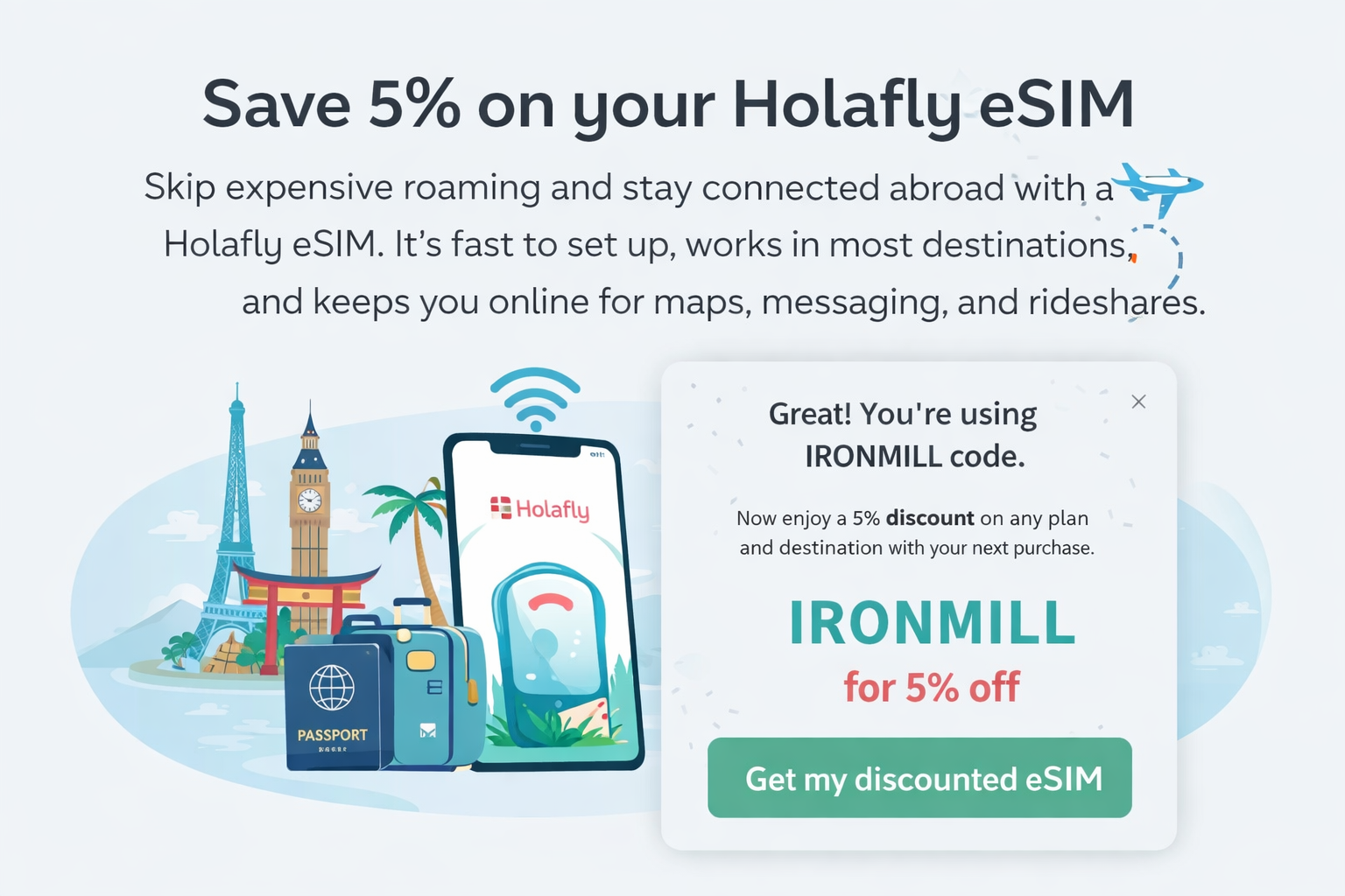 Holafly eSIM 5 percent discount for Ironmill Travel clients using promo code IRONMILL