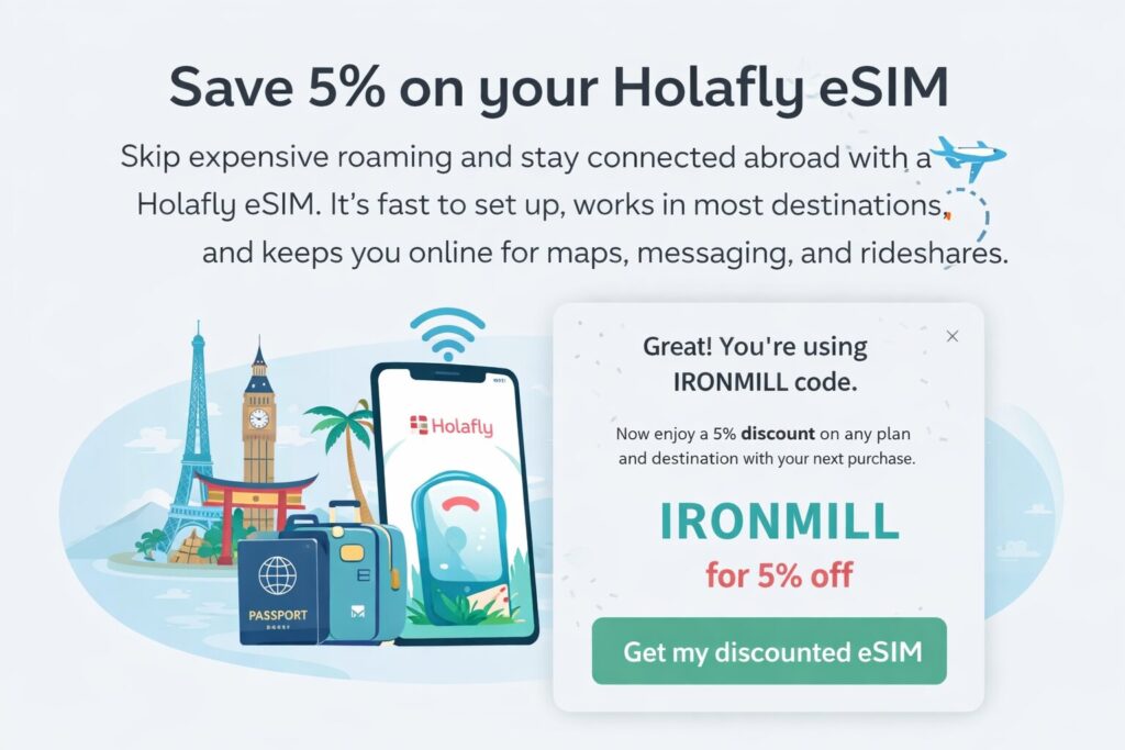 Holafly discount confirmation showing promo code IRONMILL applied for 5% off eSIM plans.