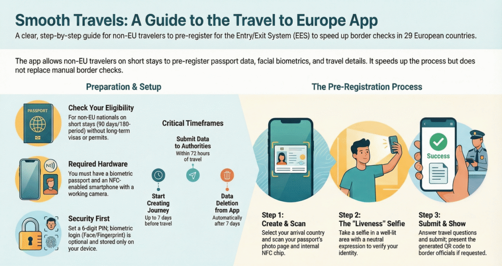 Infographic explaining the EU Entry/Exit System becoming fully operational on April 10, 2026, replacing passport stamps with digital records and collecting fingerprints and facial images at the border, with a note about the optional “Travel to Europe” app that allows pre-registration within 72 hours in Sweden and Portugal.