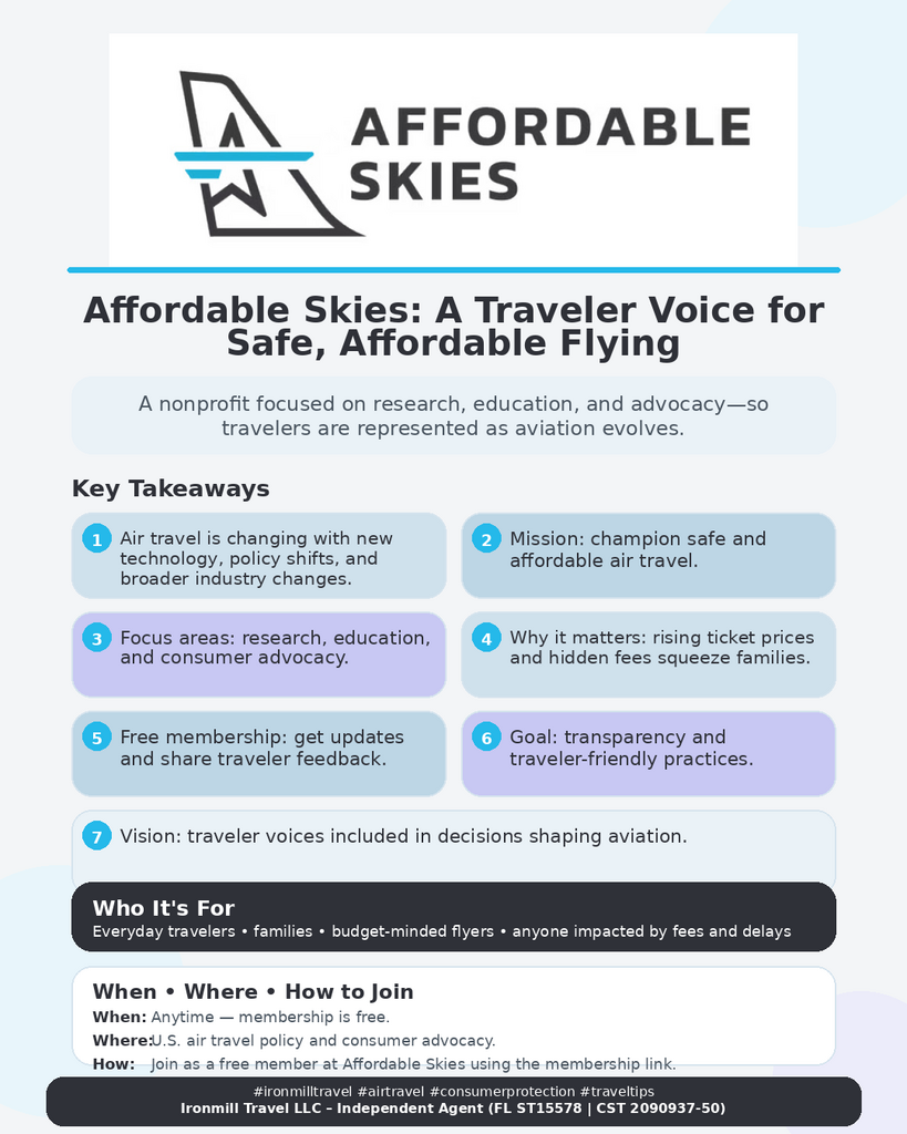 Graphic explaining Affordable Skies, a nonprofit advocating for safe and affordable air travel through research, education, and consumer advocacy, highlighting free membership and the goal of adding traveler voices to aviation policy discussions.
