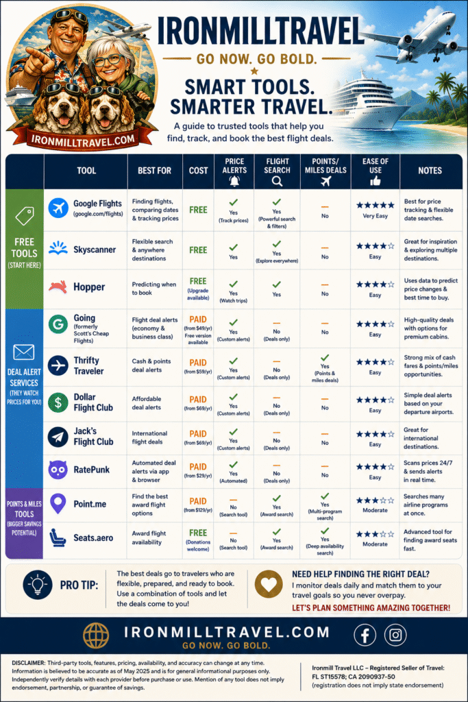 Infographic by Ironmill Travel comparing popular flight deal tools and airfare tracking services, including Google Flights, Skyscanner, Hopper, Going, Thrifty Traveler, Dollar Flight Club, Jack’s Flight Club, RatePunk, Point.me, and Seats.aero.