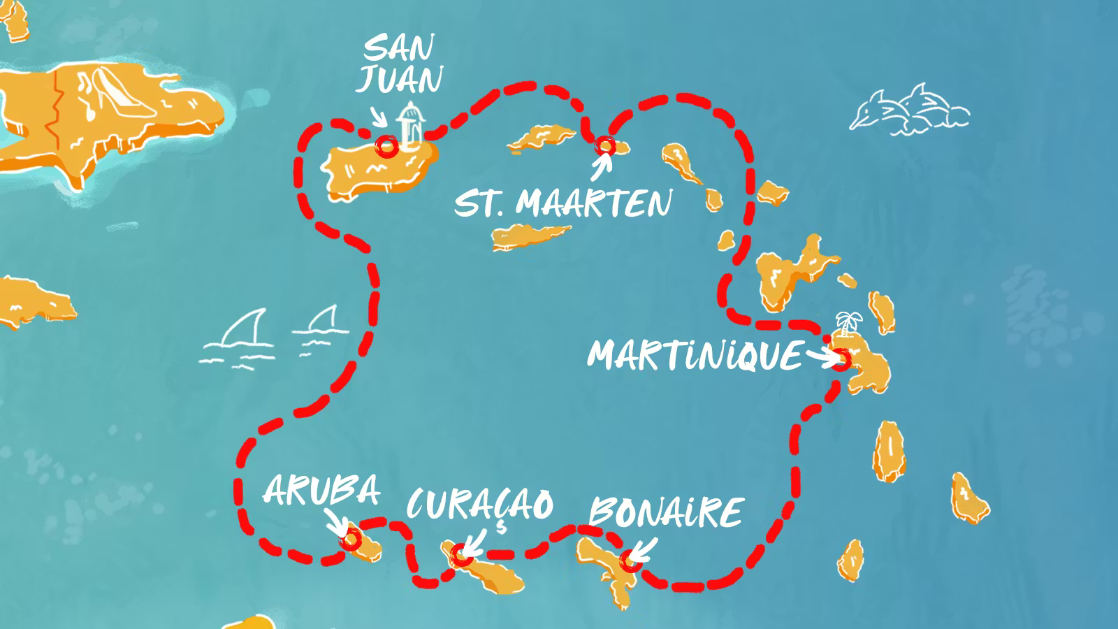 Map of the Virgin Voyages Southern Caribbean and Aruban Nights itinerary sailing roundtrip from San Juan to Aruba, Curaçao, Bonaire, Martinique, and St. Maarten.