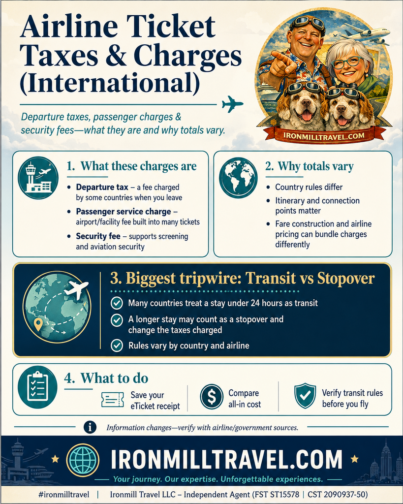 Infographic explaining airline ticket taxes and airport charges (departure taxes, passenger service charges, security fees), why totals vary by country and itinerary, and the key tripwire of transit vs. stopover, branded with Ironmill Travel.