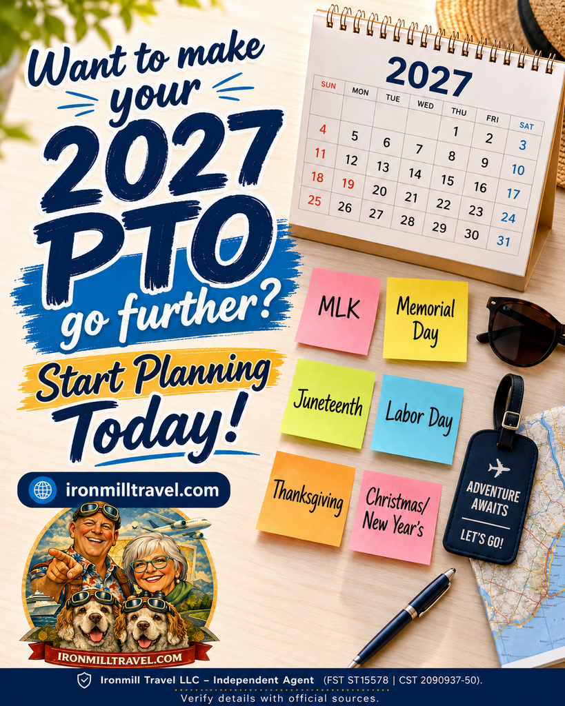 What are the best 2027 federal holidays for maximizing PTO? The best 2027 PTO opportunities are the Monday and Friday federal holidays that let U.S. travelers turn 4 PTO days into 9-day trips. The strongest plays include MLK Day, Washington’s Birthday, Memorial Day, Juneteenth, Independence Day, Labor Day, Columbus Day, Christmas, and the year-end Christmas/New Year’s bridge.
