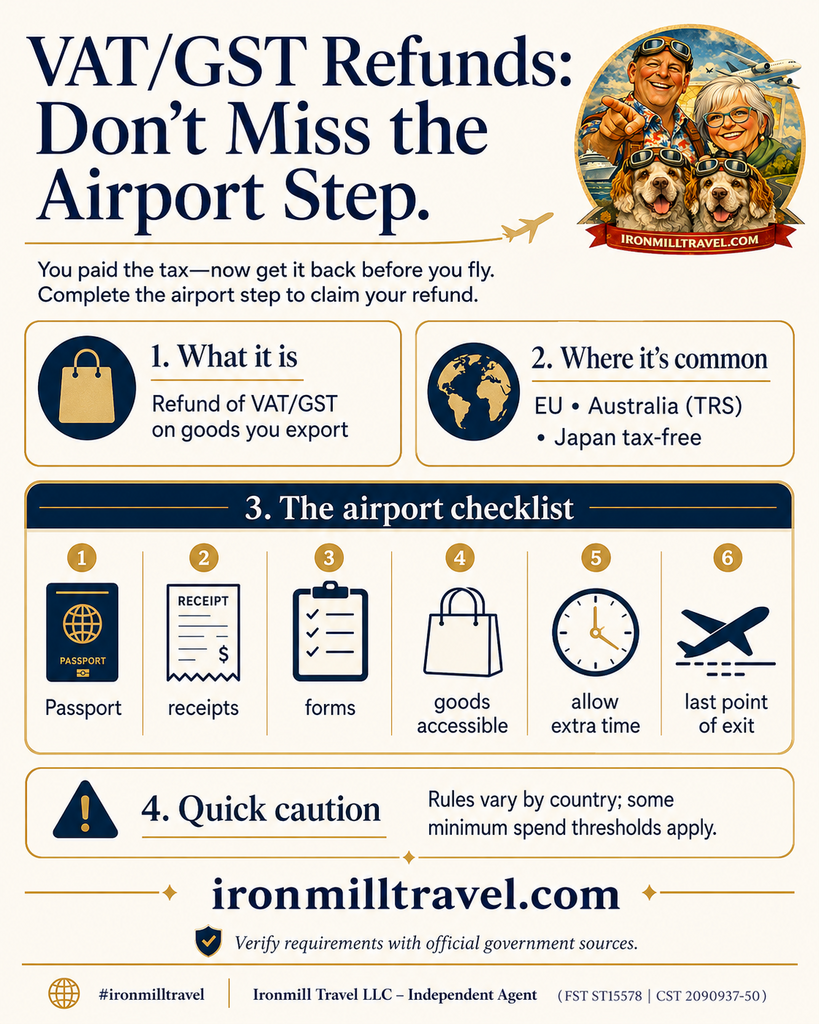 Infographic for travelers explaining VAT/GST refunds and tax-free shopping rules for the EU, Australia TRS, and Japan, highlighting the airport validation step, receipts, and last point of exit, branded with Ironmill Travel and ironmilltravel.com.
