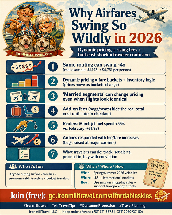 Infographic explaining why airfare prices change rapidly in 2026, highlighting dynamic pricing, rising add-on fees, jet fuel cost shock, and a real example showing a nearly fourfold fare increase on the same routing, with a call to join Affordable Skies.
